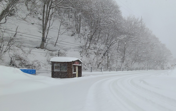 大雪の時、雪に埋もれつつあるバス停（バスが通った跡が見えます）